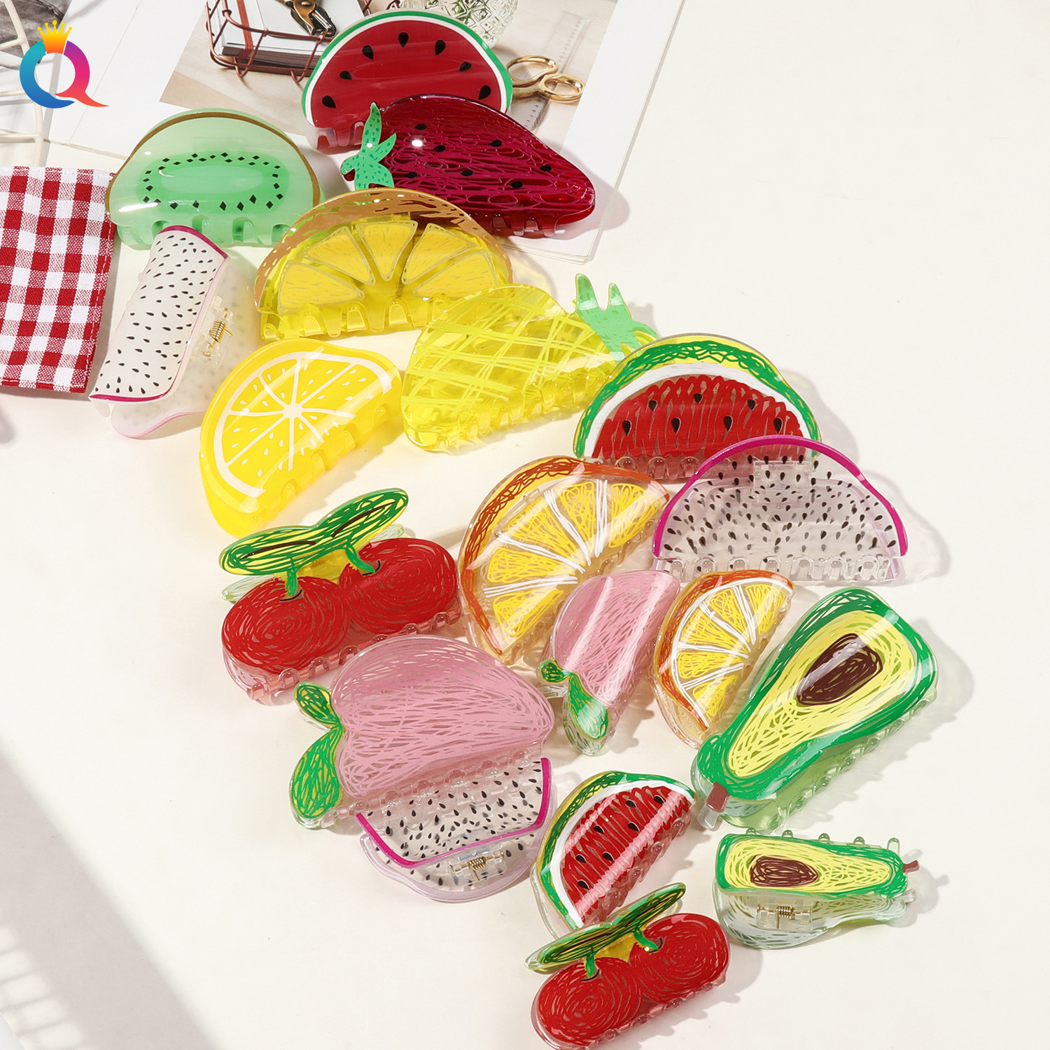 Qiyue Cross-border Fruit Hair Clip Creative New Style Simple and high-end Korean Shark clip Half tie Hair clip for children Specification drawing
