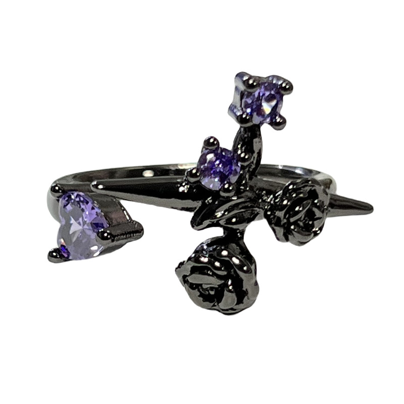 Punk dark cross purple diamond flower opening ring, a gender-neutral style, sweet and cool, spicy girl, high-end and trendy index finger ring Item Picture