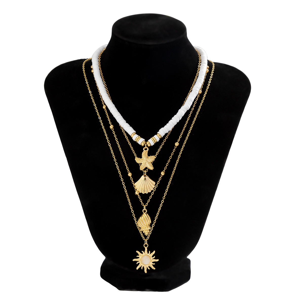 European and American cross-border jewelry, Bohemian sunflower multi-layer necklace, women's summer niche imitation pearl shell necklace Item Picture