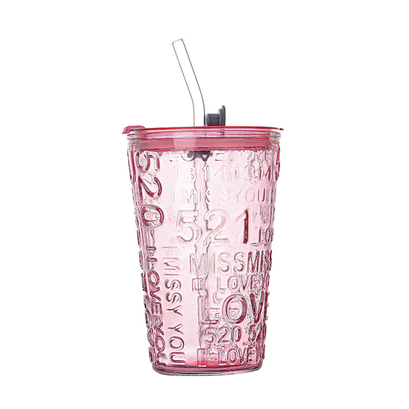 Embossed letter cup, household water cup, high appearance level, popular heart-shaped glass cup, opening event promotion gift cup Item Picture