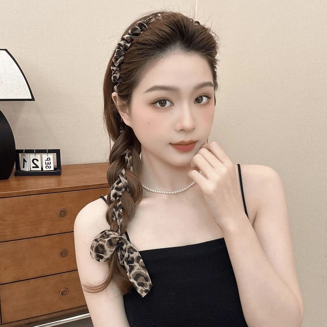 Rear-wear leopard print ribbon headband for women, 2025 new high top wavy hairpin, elegant and stylish one-piece headband Specification drawing