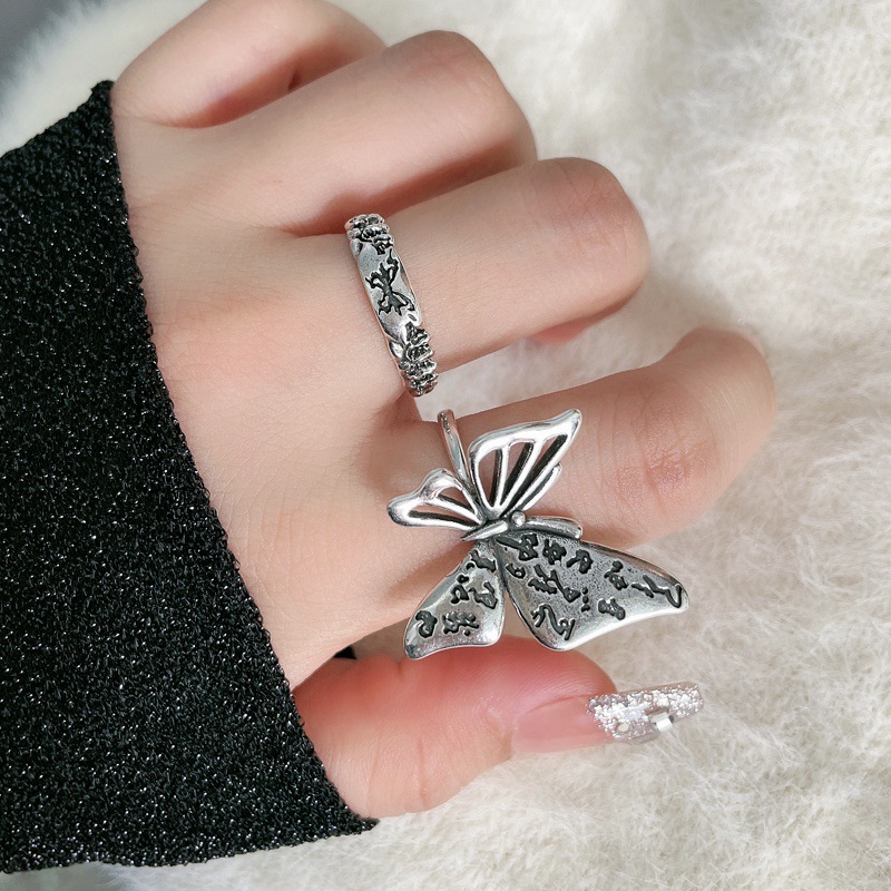 Retro distressed butterfly opening ring, androgynous punk style, fashionable and individual index finger ring, versatile and niche accessory details Picture