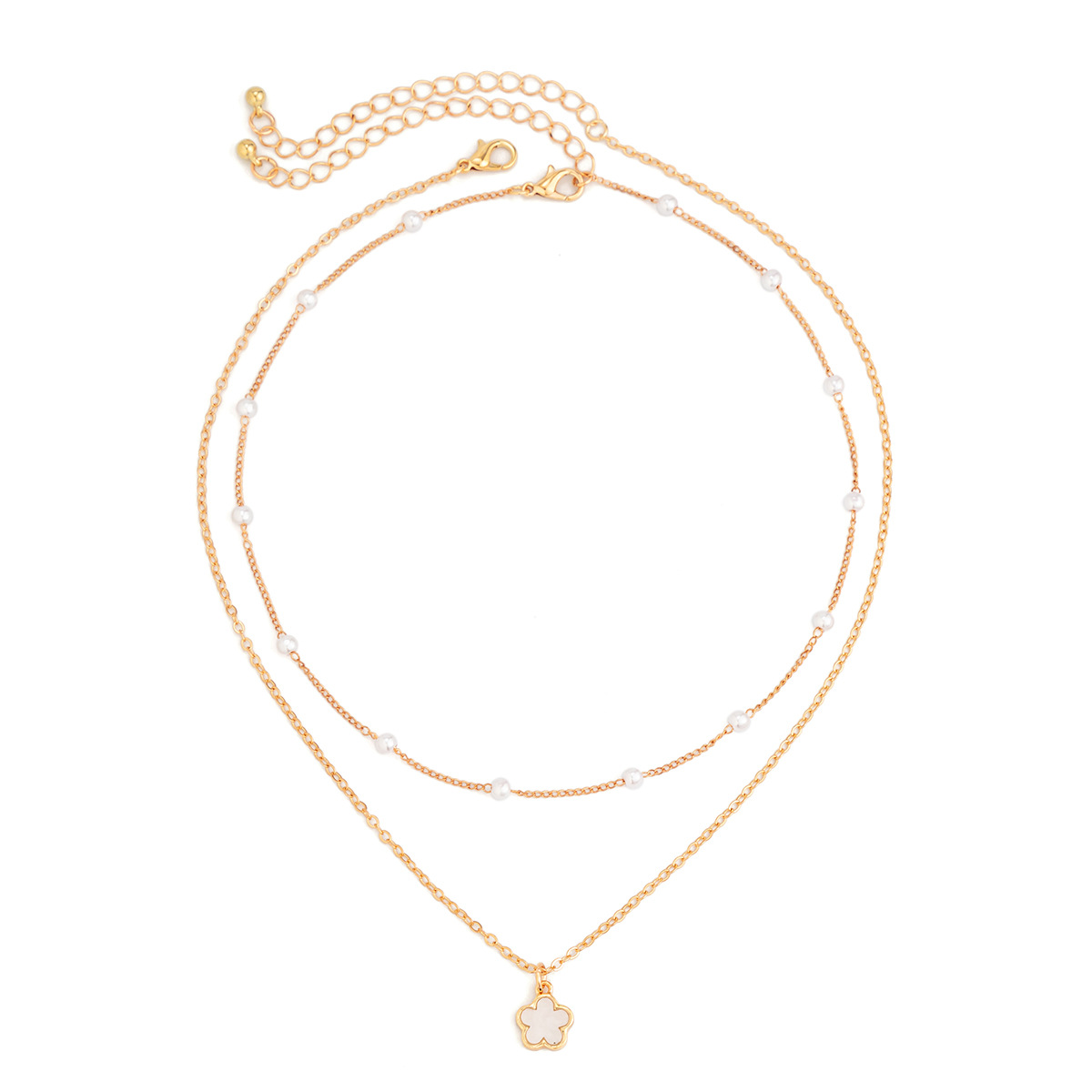 European and American cross-border jewelry, elegant five-leaf flower neck pendant, simple imitation pearl beaded flower necklace Specification drawing