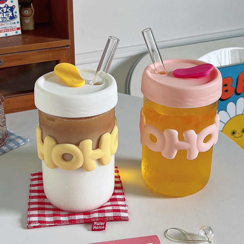 Bolimei ins large-capacity glass straw cup, simple cup with lid, milk cup, coffee cup, girlish water cup full figure