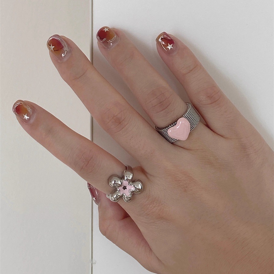 Sweet and cool style three-dimensional pink flower ring, unique design for women, open ring, simple and elegant index finger ring details Picture