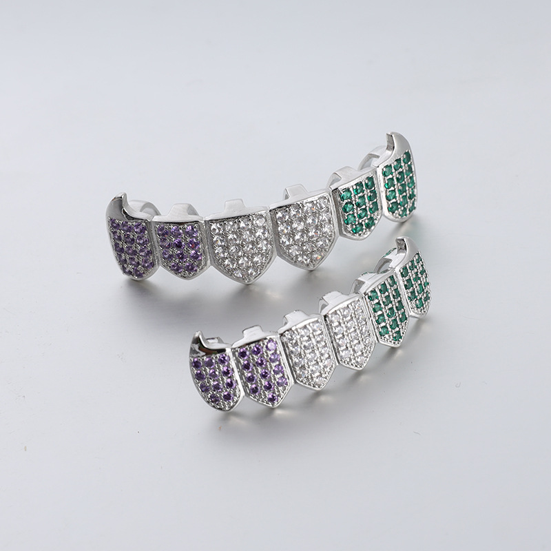 In 2024, the new cross-border product, hiphop teeth grillz teeth, features color micro-inlaid zircon gold teeth Specification drawing