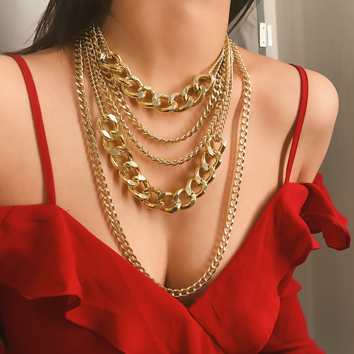 European and American cross-border jewelry, simple punk hip-hop mixed and matched necklace, women's exaggerated multi-layer tassel metal chain necklace full figure