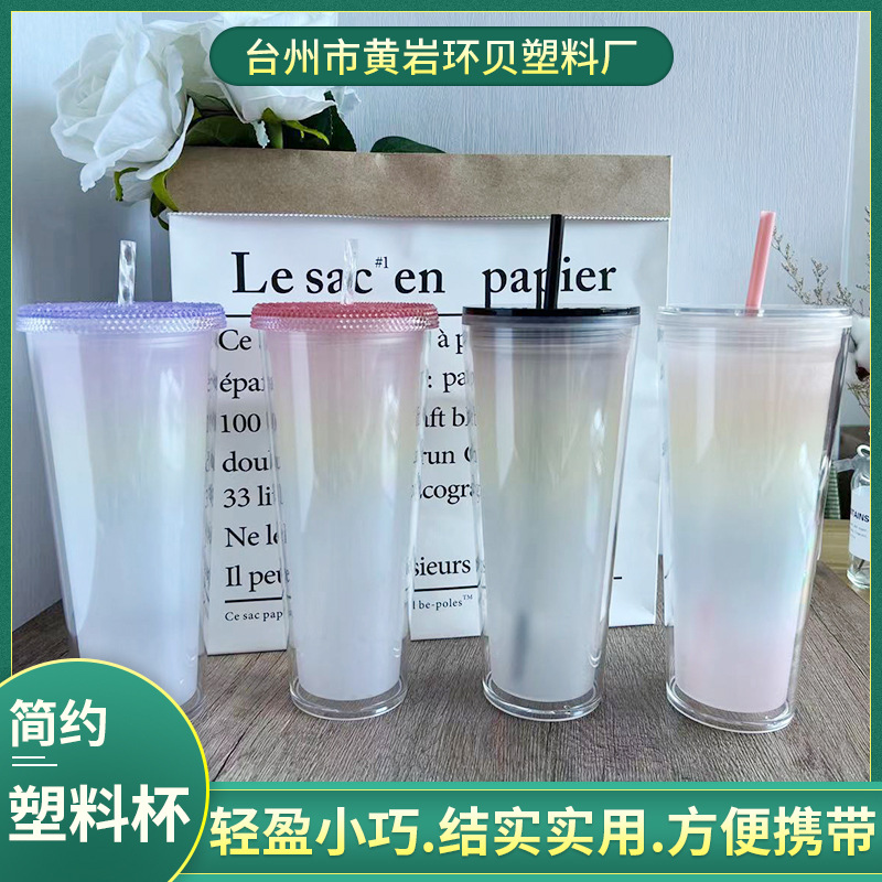 New wholesale double-layer plastic cups with straws, PS gift cups, temperature-sensitive gradient color beverage straws, color-changing cups Specification drawing