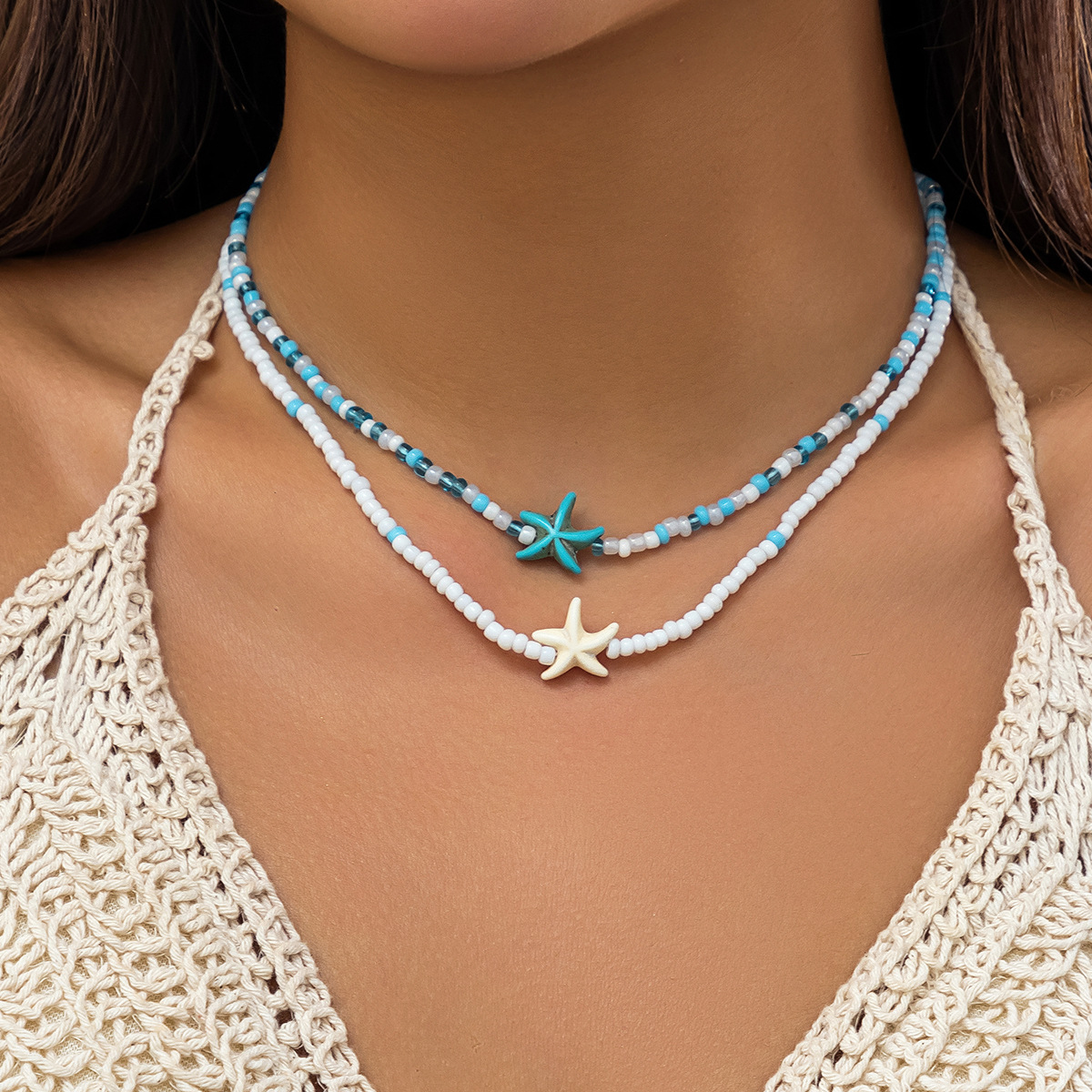 European and American wind cross-border rice bead beach ocean hot accessories with starfish necklace shell necklace women's jewelry Specification drawing