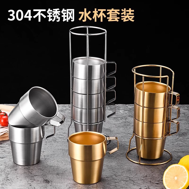 Outdoor camping 304 stainless steel double-layer cups, 4-piece set, 6-piece set, coffee cups with handles, insulated cups, beer mugs full figure