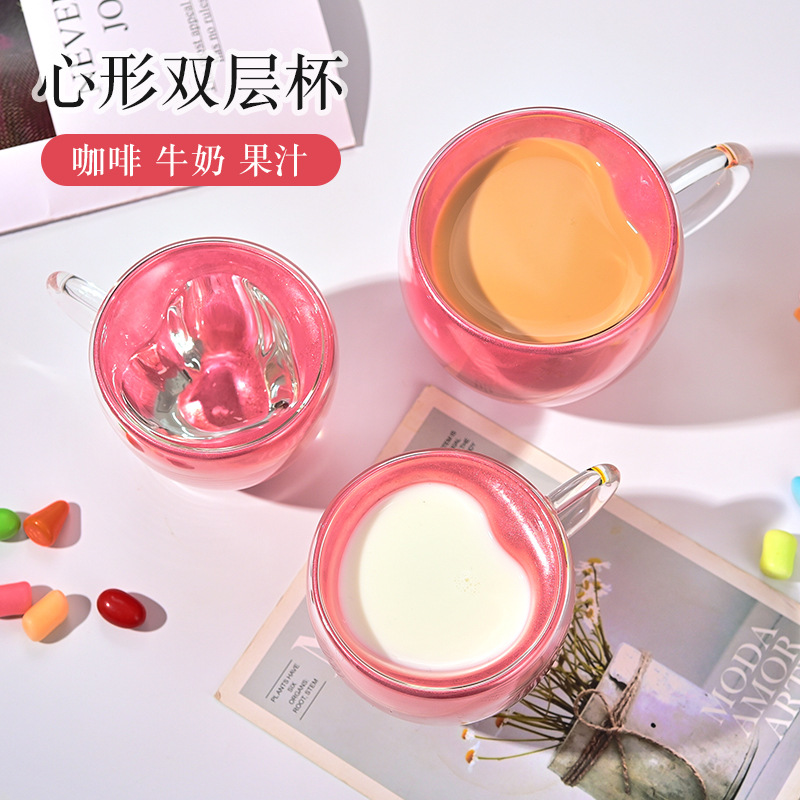 Simple double-layer high appearance level glass cup with handle, couple gift, heart-shaped high borosilicate milk and juice cup, household cup details Picture