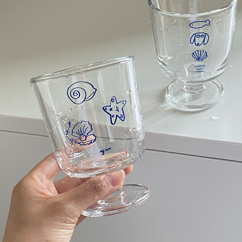 Homemade vintage ins Marine shell checkered highball cups, French romantic dessert cups, and niche and simple milk cups details Picture
