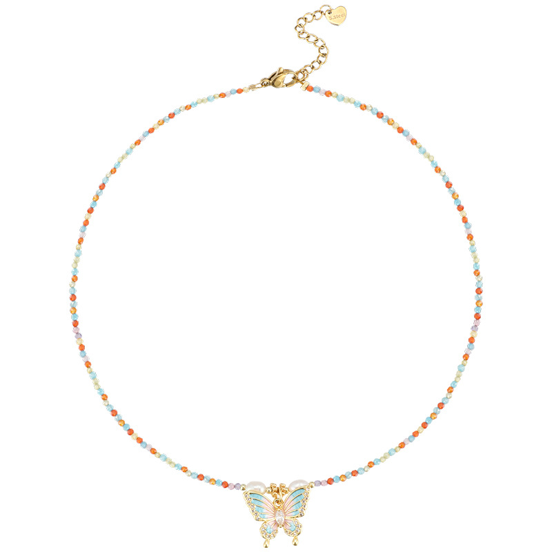 Colorful zircon butterfly pearl necklace for women, new Spring and summer style, versatile, light luxury and high-end dopamine beaded collarbone chain Item Picture