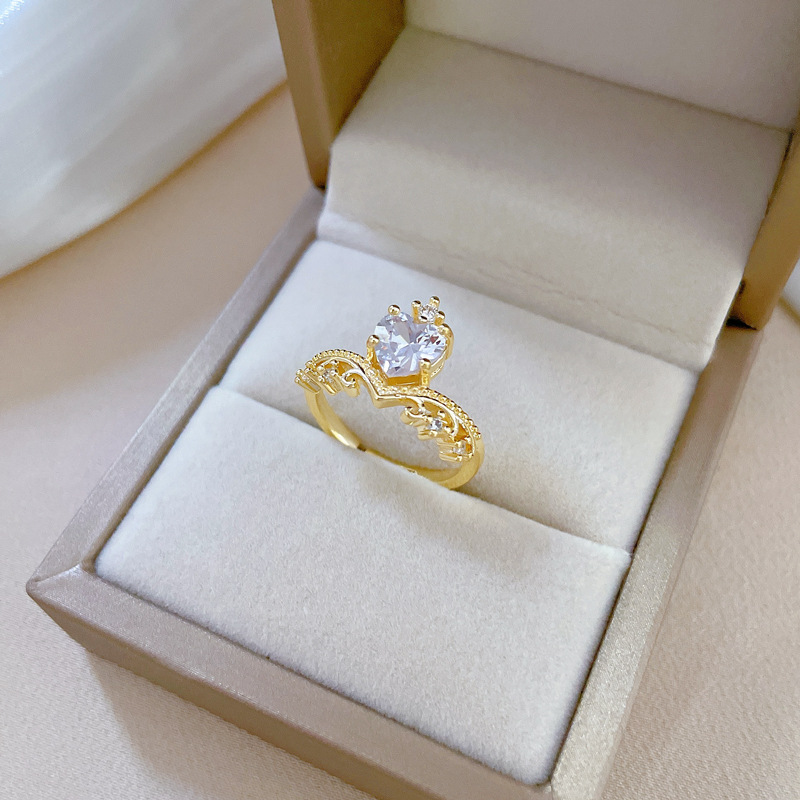 【 Real Gold 】 Crown heart Full Diamond ring with adjustable opening, simple Japanese-style ring couple rings Specification drawing