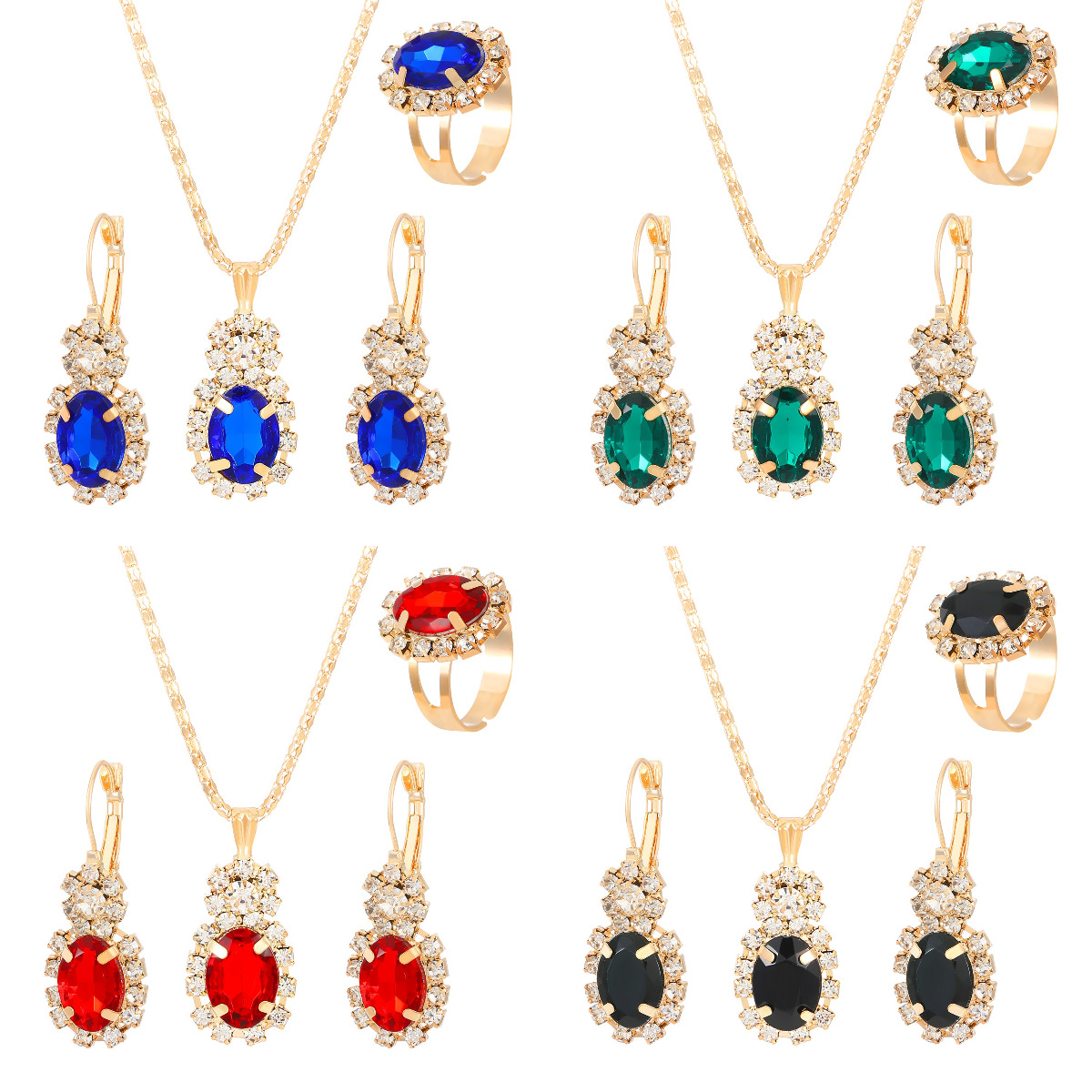 European and American ins teardrop oval jewelry set, fashionable colorful rhinestone necklace, earrings and ring set, bridal accessories Item Picture