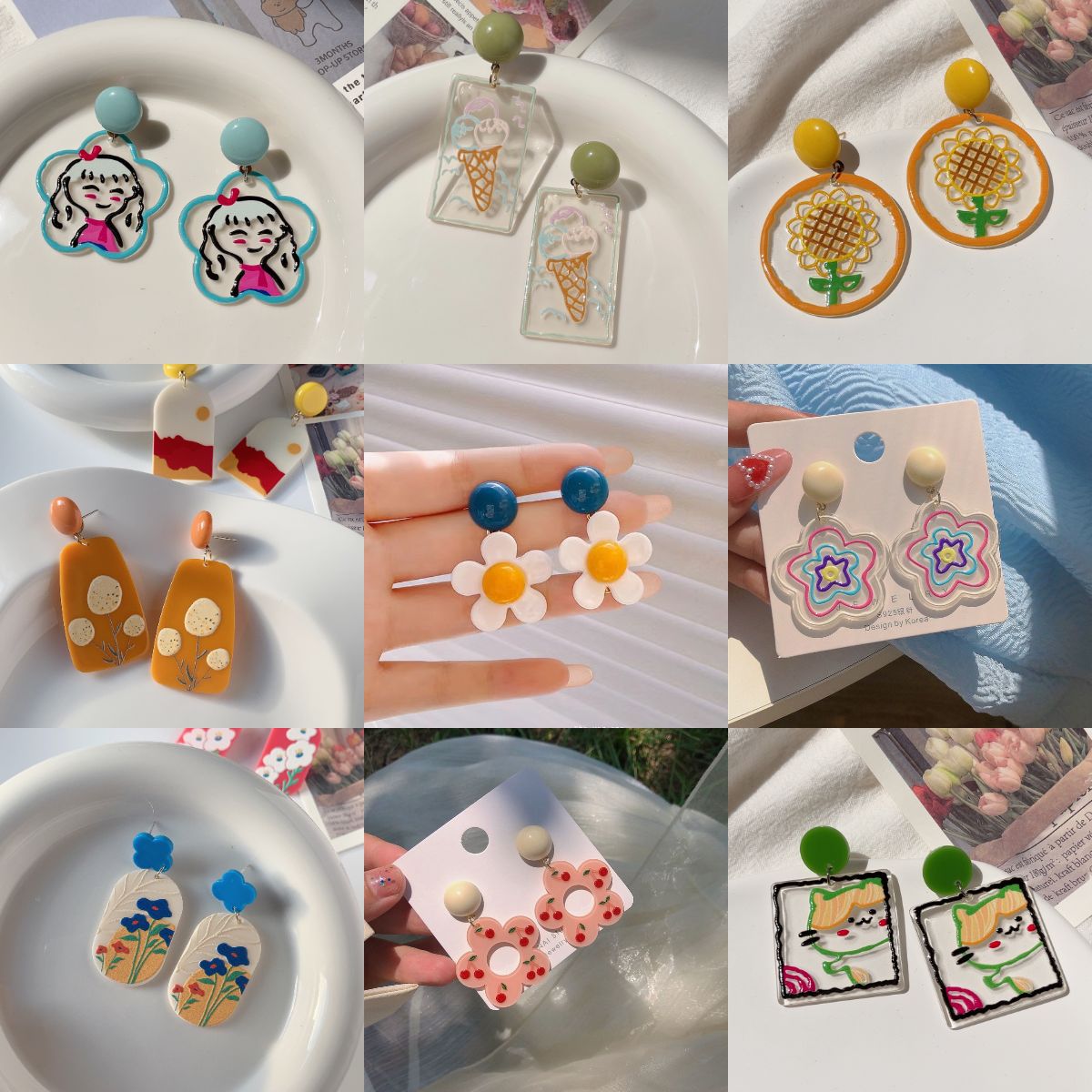 Japanese and Korean Kawaii cute and childlike style girl ear studs on Instagram, a variety of cartoonish and unique small earrings full figure