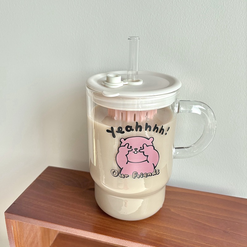 High-appearance-level, large-capacity InS-style glass straw cups with handles, student drinking cups, glass cups wholesale details Picture