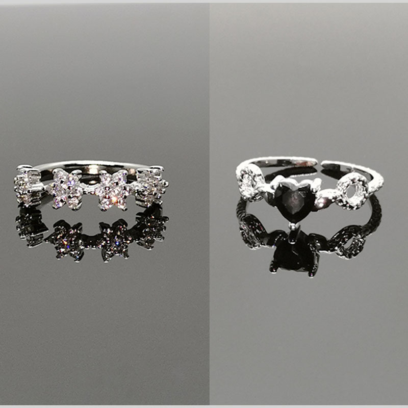 Exquisite zircon star flower heart black zircon slightly set open ring feminine ins cold style ring trend full figure