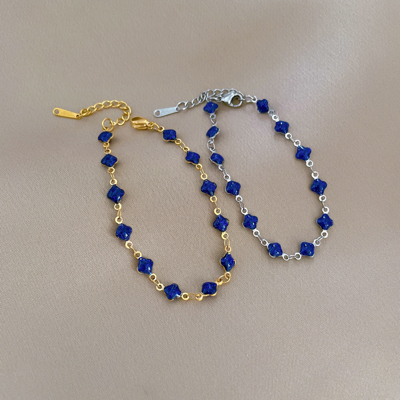 【 All-titanium Steel 】 Dongdaemun Minimalist style clover blue chain bracelet, a retro best friend of a female Internet celebrity Specification drawing