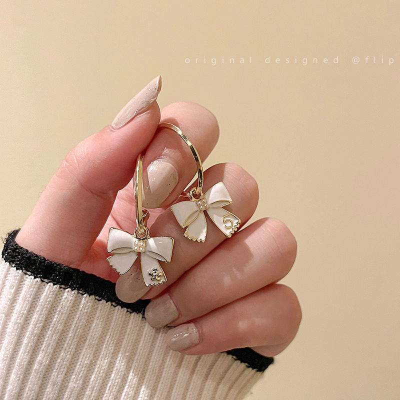 S925 Silver Needle Korean bow ear ring earrings, trendy and niche design, simple and elegant, goddess-like style stud earrings details Picture