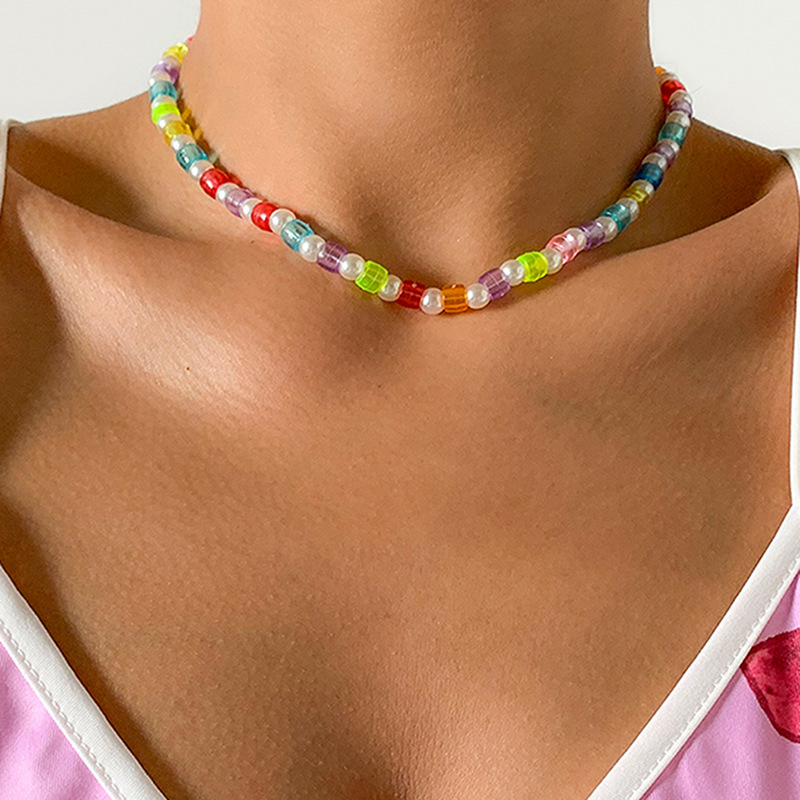European and American cross-border jewelry transparent beaded colorful geometric necklace, ethnic style hand-woven personalized necklace full figure