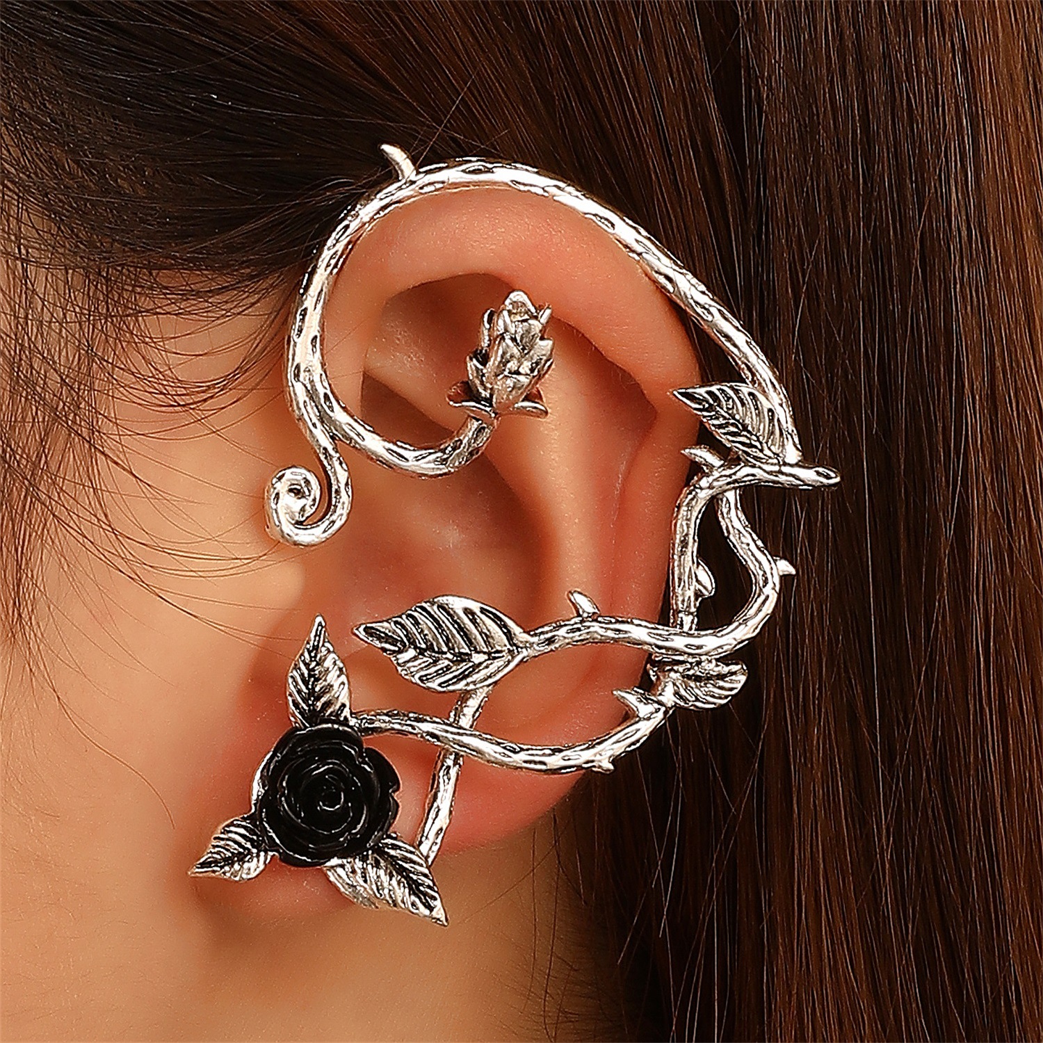 European and American cross-border simple rose necklace ring, retro simple three-dimensional flower ear clip and stud set for Valentine's Day details Picture