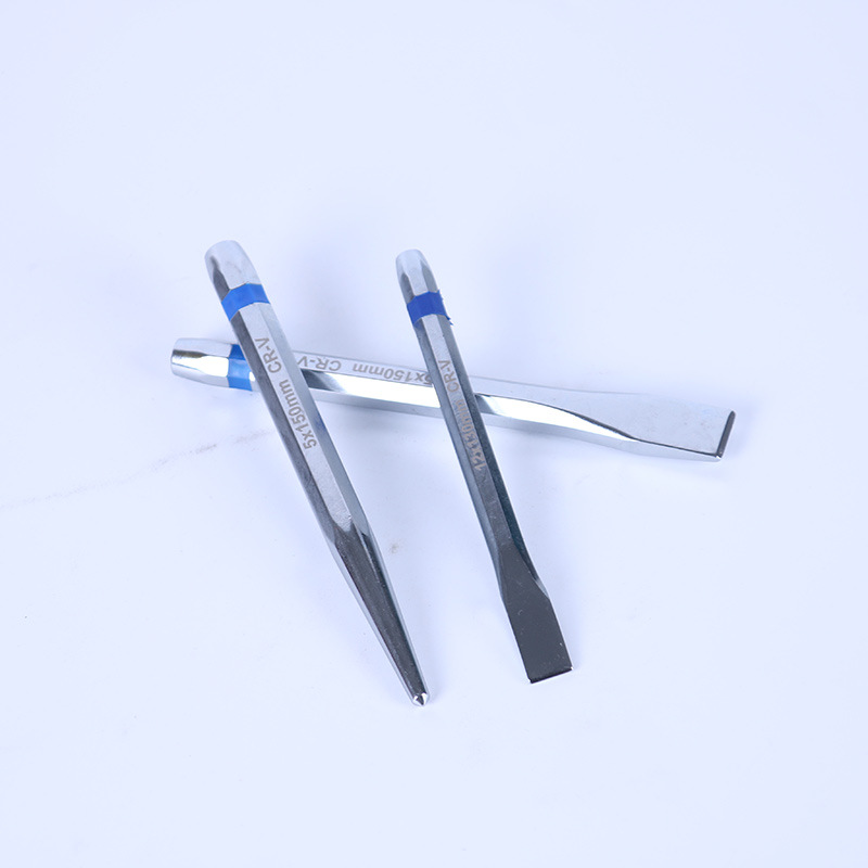 The manufacturer supplies six-piece sets of pins, flat punching chisel sets, pin punching conical punching chisel heads, flat punching pointed heads, chromium-vanadium steel mirror surfaces Specification drawing