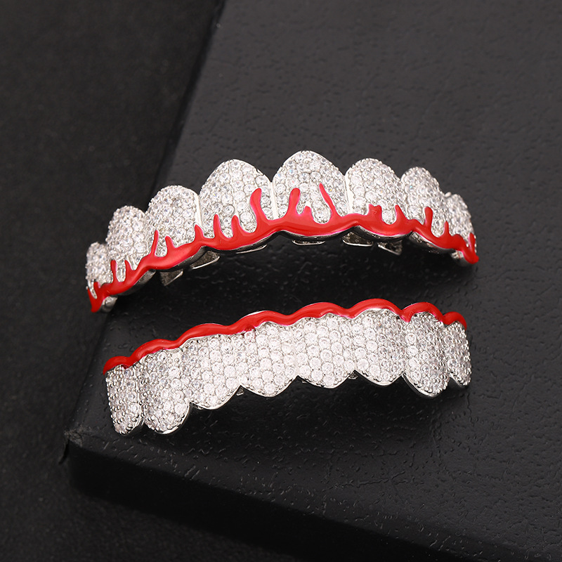 New hip-hop braces from Europe and America, eight teeth, red oil-dripping flame braces, zircon personalized Halloween costume accessories details Picture