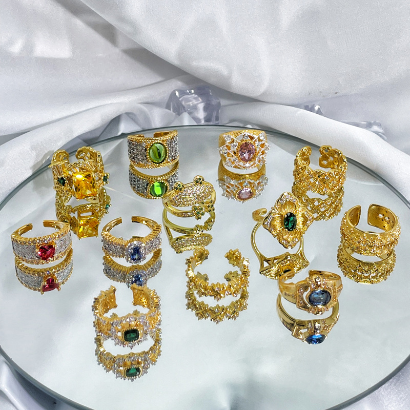 Cross-border colored gemstone retro hollowed-out opening ring for women's Instagram, a niche high-end, light luxury, trendy and versatile food ring full figure