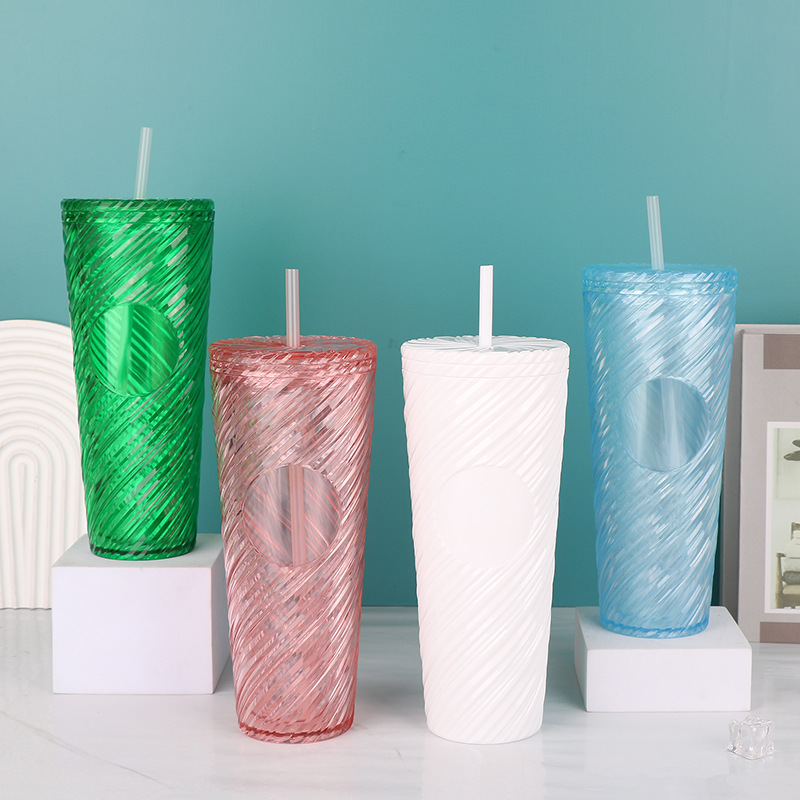 Cross-border best-selling large-capacity straw water cup with striped pattern, high-end drinking cup, ins style, white-collar and Bohemian water cup full figure