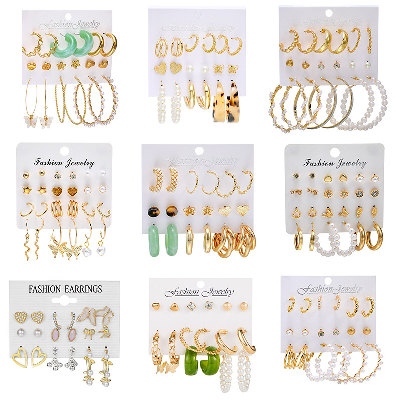 Wholesale of 9-piece cross-border retro heart-shaped butterfly earrings from Europe and America, creative snake-shaped sword mushroom ear buckles full figure