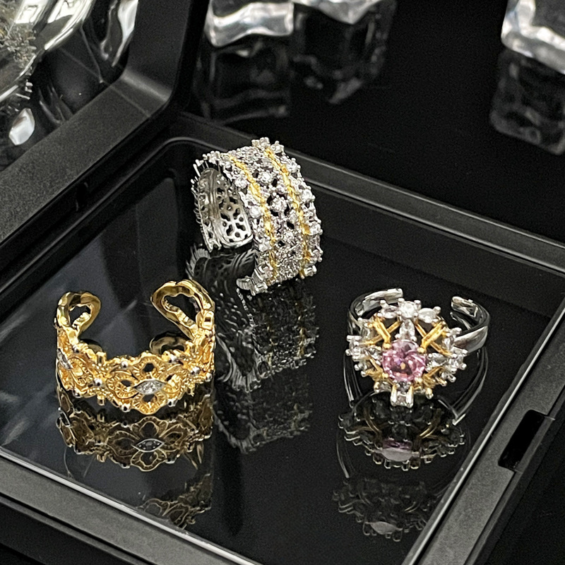 Court-style two-tone retro lace openwork pattern open ring for women on Instagram, cold style, versatile, sweet and cool ring trend Specification drawing
