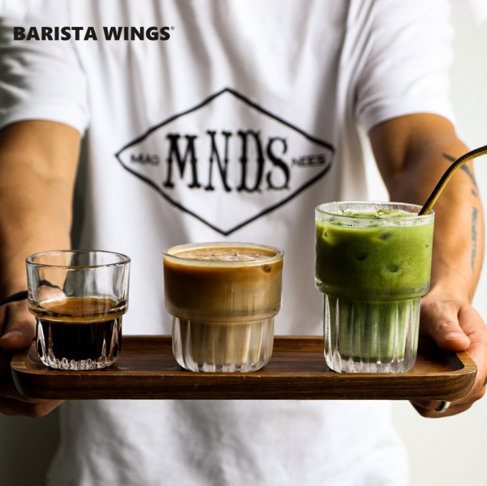 Transparent glass coffee cup, the same style as Xiaohongshu's InS-style foreign wine and beverage cup, vertical pattern household stackable water cup Application Scenario