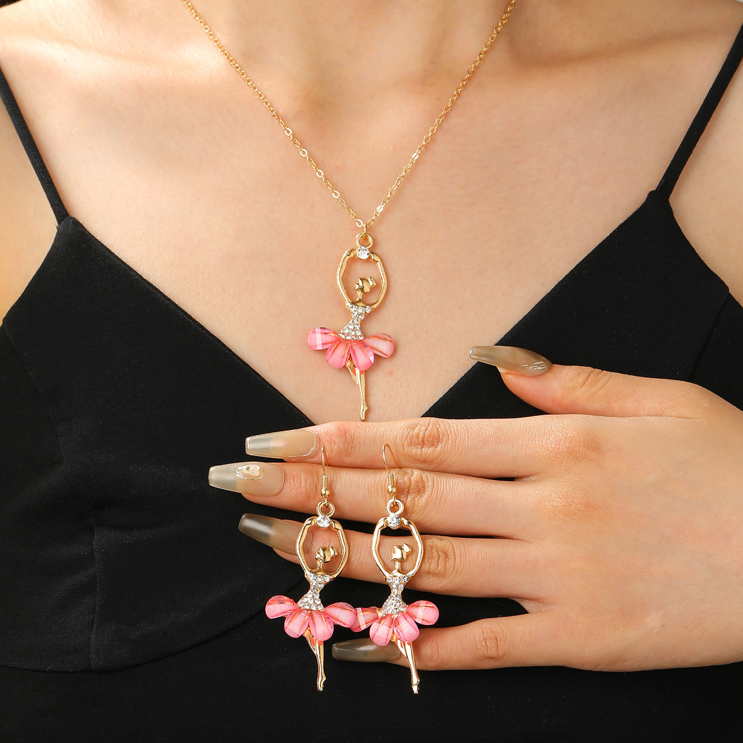Cross-border pink dress, ballet girl necklace, fashionable jewelry set, collarbone chain, European and American diamond-encrusted crystal earrings for women full figure