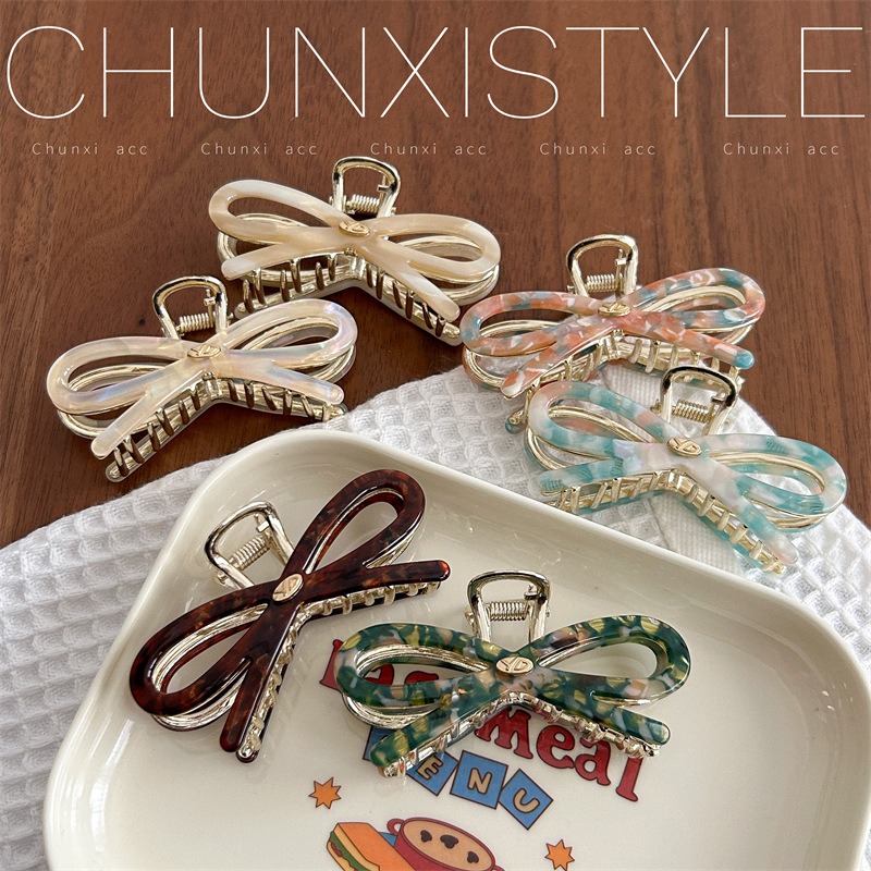 YD Internet celebrity Korean version sweet bow acetate shark clip, half hair bun at the back of the head, hair clamp, cute hair clip details Picture