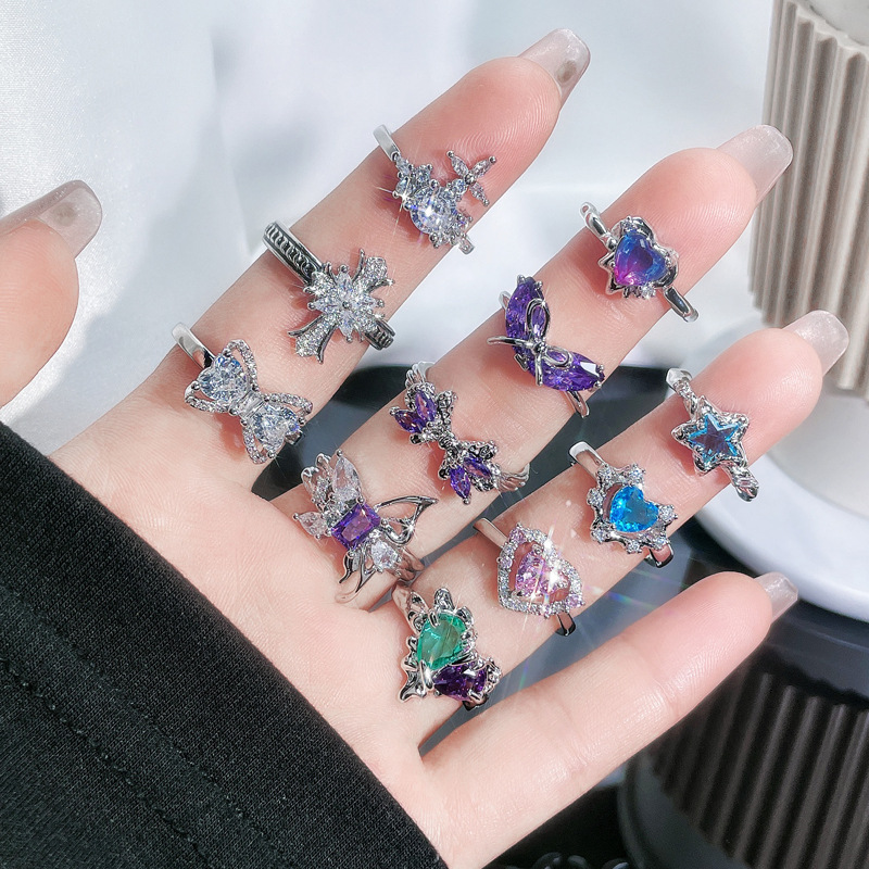 French sweet and cool colored zircon heart-shaped bow open ring, a unique and cold style light luxury and high-end ring for women Specification drawing