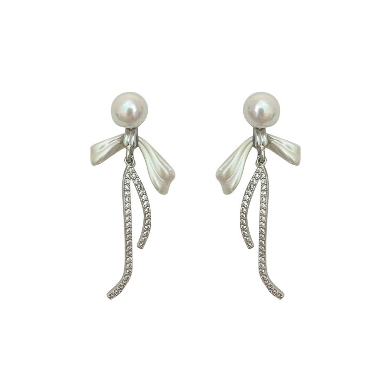 French bow pearl tassel earrings for women, 2024 new style, light luxury and high-end earstud, unique and trendy earrings Item Picture