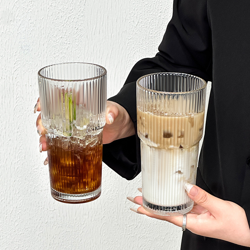 Cross-border high-appearancelevel coffee cup, thickened with lid and straw, vertical striped glass water cup, ins style, large-capacity cup details Picture