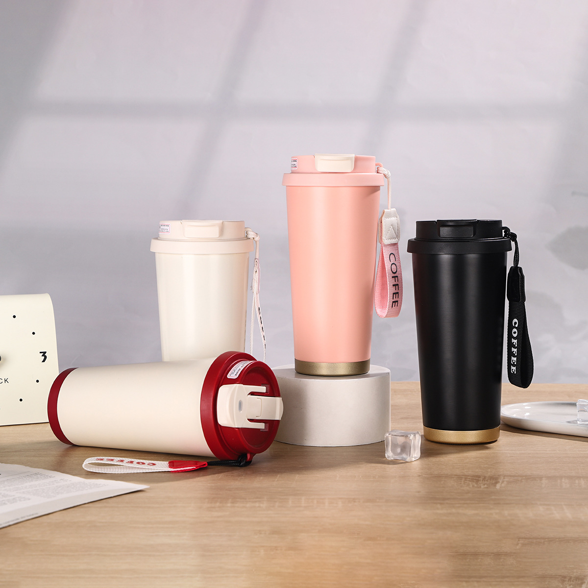 Cross-border Lily of the valley coffee cup, 316 stainless steel vacuum lifting rope double-drinking insulated cup, business straw gift cup details Picture