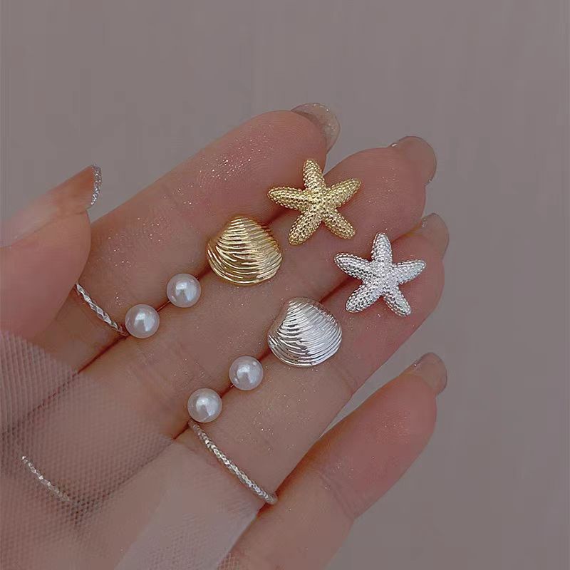 925 Starfish Shell Imitation Pearl Stud Earrings Women's Seaside Vacation Style Four-piece Set Earrings and Earrings Commemorative Gift full figure