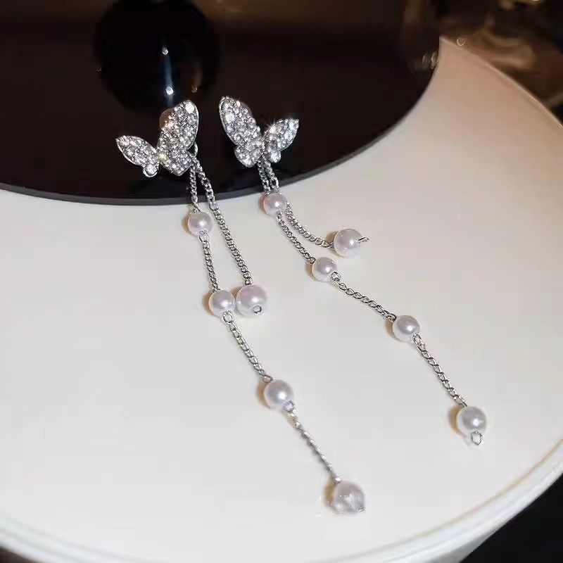 One pair, dual wear ~ Light luxury, high-end, niche butterfly tassel stud earrings for women, ins, niche, versatile, fashionable, simple, long ear style Specification drawing
