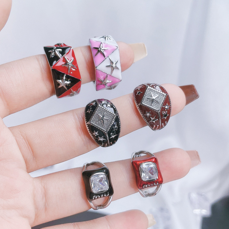 European and American style, fashionable starry letter drip glaze open ring, punk personality, cold trend ring, autumn and winter accessories full figure