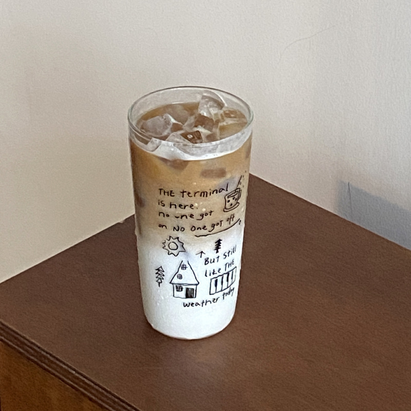 Self-made ins simple line graffiti high borosilicate glass cup, high-temperature resistant and clear coffee cup, large-capacity water cup details Picture