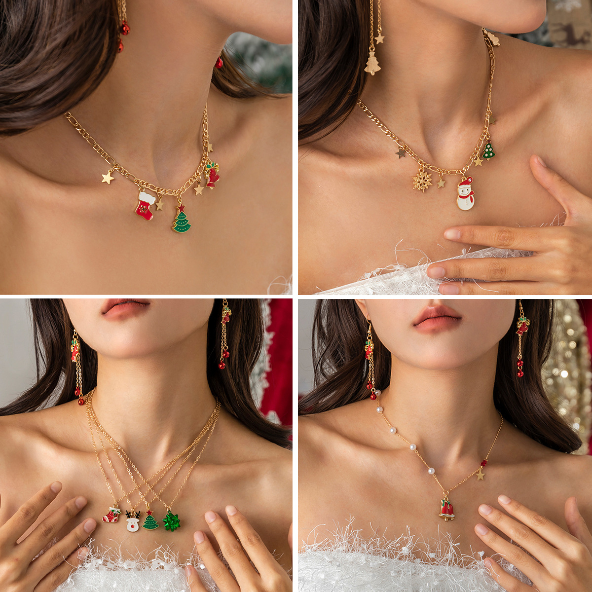 European and American cross-border jewelry creative and simple snowman Christmas tree pendant necklace, versatile imitation pearl star moon elk necklace full figure