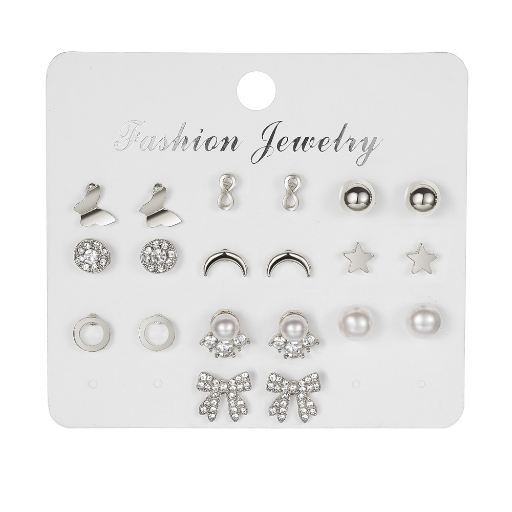 Wholesale of 10 pairs of trendy Korean-style accessories, including star and moon earrings, bow and diamond-encrusted earrings Item Picture