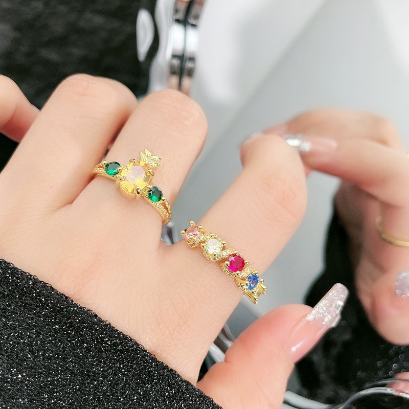 Light luxury court-style colored gemstone, high-end open ring, women's niche design, elegant pineapple sweet cool exquisite index finger ring details Picture
