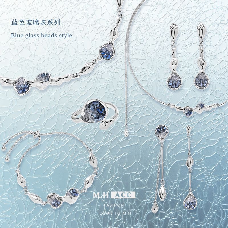 Ice blue glass bead light luxury earrings 925 high-end fashion ins stud earrings Original design fresh and clean earrings for women full figure