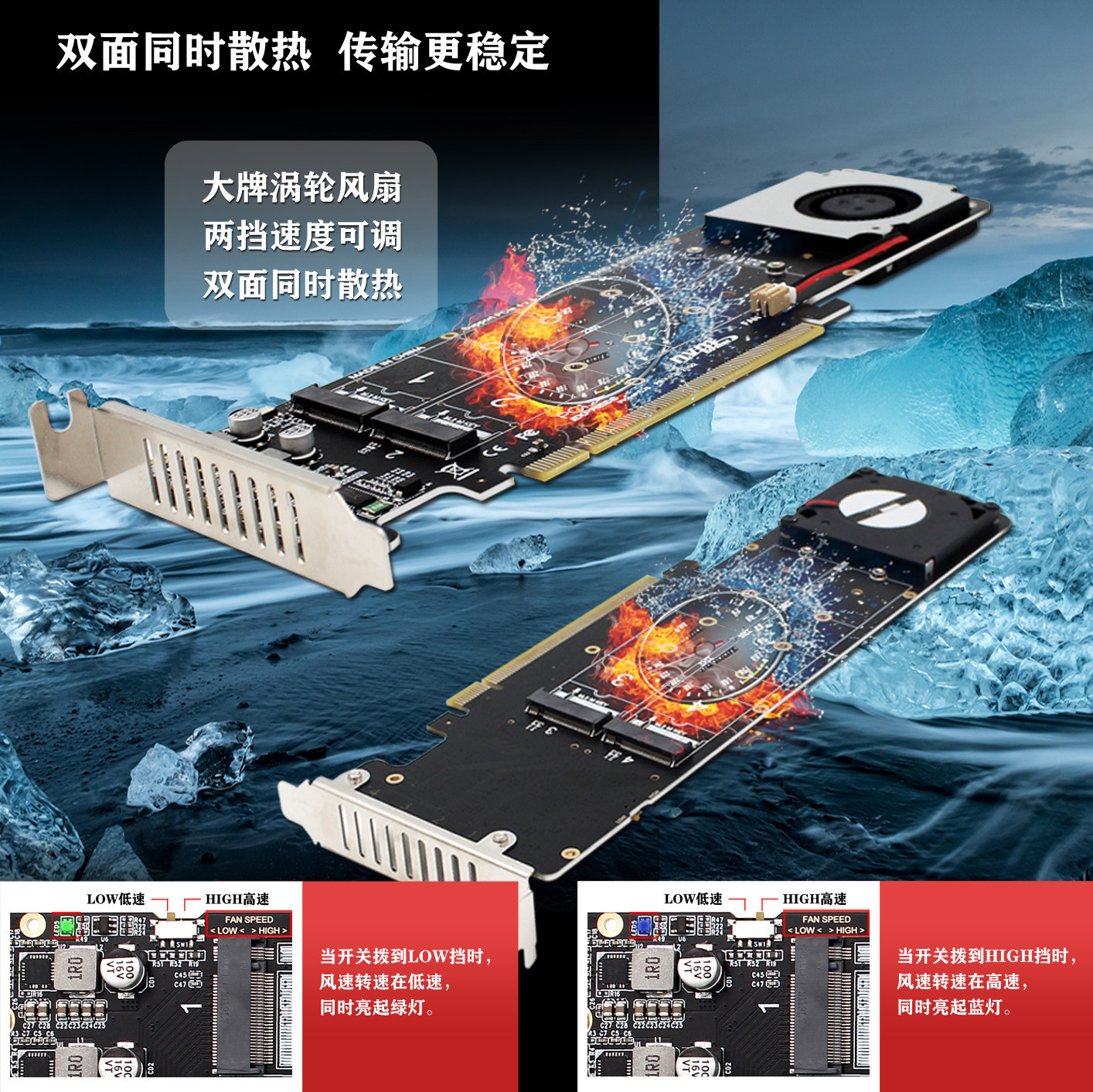 PCIeX16 to M.2 M-key NVMEx4SSD RAID array expansion adapter Split card 2U server Specification drawing