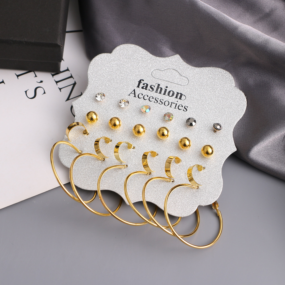 European and American cross-border exaggerated pearl stud geometric circle diamond alloy earrings 12 pairs set ring earrings Specification drawing