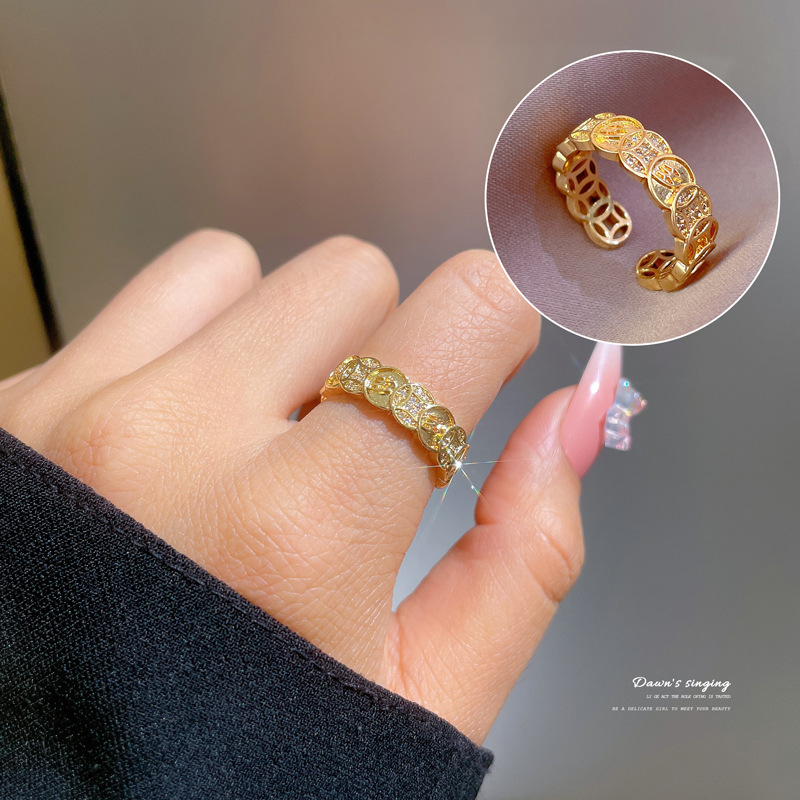 【 Real Gold 】 Couple rings, women's Instagram trendy and luxurious adjustable open ring, cold and unique style index finger ring full figure